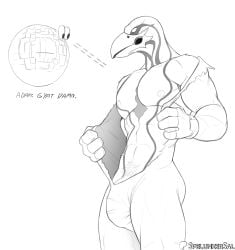 abs adam_(metroid) alien anthro avian bird bodysuit chozo clothing corvid corvus_(genus) hi_res male metroid muscular muscular_male nintendo nipples oscine passerine pubes raven raven_beak signature skinsuit solo spelunker_sal tight_clothing torn_clothing zero_suit