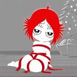 1girls ai_generated bedroom_eyes christmas christmas_tree goth goth_girl looking_at_viewer presenting ribbon_bondage ruby_gloom ruby_gloom_(franchise) seductive seductive_look