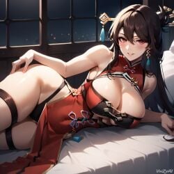 ai_generated beidou_(genshin_impact) big_breasts breasts cleavage cowboy_shot dress female genshin_impact hi_res long_hair thigh_strap thighs vinzyai