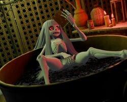 3d background basin bath bathing blender_(software) bone book candelabra candle cleft_of_venus clitoral_stimulation female fingering fingering_self floating floating_hair glowing_eyes grey_hair hair karaka_(merafume) lavender_nipples legs legs_apart long_hair looking_away lorded masturbation merafume moaning nipples nude open_mouth original_character pale_skin pelvis pitcher pussy reading reclining red_eyes ribcage skeleton skeleton_girl solo spine vaginal_penetration vulva water