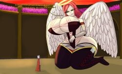 1boy 1girls angel angel_wings audience breasts_bigger_than_head cat_ears catboy clothed colosseum dialogue giantess halo kneeling large_ass large_breasts red_hair reirend scantily_clad smaller_male steele734_(artist) tagme text thick_thighs wes_(steele734) white_hair