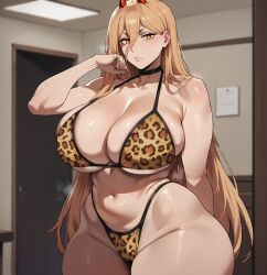 ai_generated animal_print chainsaw_man leopard_print looking_at_viewer massive_breasts mommy naked power_(chainsaw_man) smogai thick_thighs uninterested