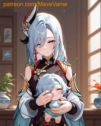 ai_generated baby genshin_impact mave_vame mommy mother shenhe_(genshin_impact) white_hair