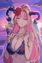1girls accessory alternate_costume bare_arms bare_midriff bikini black_bikini black_swimsuit breasts cleavage female female_only fire_emblem fire_emblem_heroes flower food hair_flower horns ice_cream large_breasts long_hair midriff necklace nerthuz_(fire_emblem) nerthuz_(summer)_(fire_emblem) nintendo official_alternate_costume outdoors pana_(87) pink_eyes pink_hair ponytail purple_hair solo sunset swimsuit upper_body very_long_hair yellow_eyes