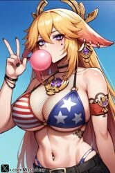 1girls 4th_of_july ai_generated big_breasts bikini bikini_top bubble_blowing bubble_gum chewing_gum cowgirl_position female genshin_impact gum gyaru milf miss_io tattoo tattoo_on_arm yae_miko yellow_hair