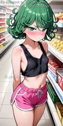 1girls _yumidreams ai_generated black_crop_top blush dolphin_shorts green_eyes green_hair indoors no_bra one-punch_man patreon_username petite see-through short_hair small_breasts tatsumaki