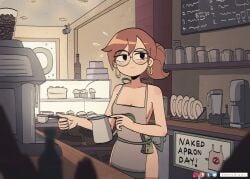 1girls apron barista blush bottle brown_hair cake camera coffee coffee_maker coffee_pot cupcake drink earrings female food glass glasses holding_object hoop_earrings julie_powers kt-draws mixer money naked_apron nude nude_female partially_clothed plate ponytail price scott_pilgrim short_hair solo solo_female spoon sweat