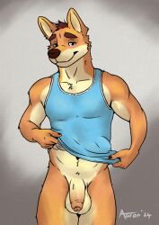 aaron_pictus anthro balls bedroom_eyes big_balls bottomless canid canine canis clothed clothing flaccid flirting foreskin front_view genitals hi_res humanoid_genitalia humanoid_penis male mammal narrowed_eyes penis raised_clothing raised_shirt raised_tank_top raised_topwear seductive shirt solo tank_top topwear undressing undressing_self wolf