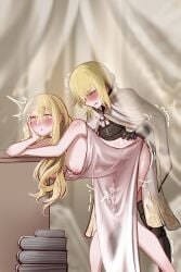 1futa 1girls bent_over big_ass blonde_hair blush bottomless breasts clothed clothing cum cum_on_body doggy_style duo elden_ring female fromsoftware futa_on_female futanari han_han_xiao_leng human light-skinned_female light-skinned_futanari light_skin miquella needle_knight_leda partially_clothed rule_63 sex shadow_of_the_erdtree thigh_sex