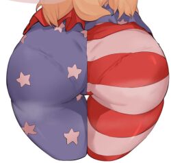 american_flag american_flag_legwear american_flag_print ass ass_focus bad_id bad_pixiv_id blonde_hair cameltoe clownpiece fairy_wings female flag_print pants pantyhose pantylines shirt simple_background solo soya6479 steaming_body thigh_gap thighs tight_clothes tight_pants touhou underwear underwear_visible_under_pants white_background wings