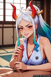 ai_generated ariavisions brown_eyes female handjob horns looking_at_viewer male one_piece smile white_hair yamato_(one_piece)