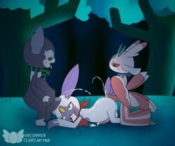 6:5 after_sex animal_genitalia animal_penis anthro ass balls big_penis blush bodily_fluids brown_eyes brown_sclera chest_gem claws cum cum_from_ass cum_in_ass cum_in_mouth cum_inside cum_on_back cum_on_butt cum_on_tongue eye_roll feline_genitalia feline_penis feral forehead_gem forest fur gem generation_7_pokemon generation_8_pokemon genital_fluids genitals green_body group group_sex hi_res hisuian_form hisuian_sneasel horn humanoid_genitalia humanoid_penis indeedee insect_wings kamek_sans kerchief kneeling looking_pleasured lurantis male male/male nintendo penile_spines penis pink_body plant pokemon pokemon_(species) pokemon_mystery_dungeon purple_body purple_fur red_eyes red_sclera regional_form_(pokemon) scarf sex spike_chunsoft tapering_penis threesome tongue tongue_out tree trio white_body wings