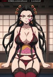 ai_generated aindroidparanoid ass big_breasts black_hair breasts cameltoe cleavage curvy daki_(kimetsu_no_yaiba) demon_slayer geisha hourglass_figure huge_breasts huge_butt indoors kimetsu_no_yaiba large_breasts lingerie narrow_waist nipples pale_skin sitting stable_diffusion yellow_eyes