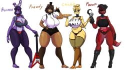 4girls big_breasts bonnie_(fnaf) boots booty_shorts bowtie chica_(fnaf) chicken chubby chubby_female cleavage clothed collared_shirt enormous_breasts eye_patch female female_only five_nights_at_freddy's foxy_(fnaf) freckles freddy_(fnaf) gigantic_breasts guitar hand_on_hip high_heel_boots high_heels hook hook_hand huge_breasts hxveuseenmypen large_breasts massive_breasts microphone multiple_girls panties pirate pirate_hat pizza pizza_cutter pose posing red_panties robot robot_girl rule_63 scar stockings thick_thighs tied_hair tied_up_hair top_hat voluptuous voluptuous_female