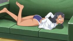 1girls 774_(nanashi) anime_screencap anime_style dark-skinned_female hayase_nagatoro legs legs_up long_hair lying lying_on_stomach open_mouth please_don't_bully_me,_nagatoro surprised swimsuit tan_body tanline tanlines