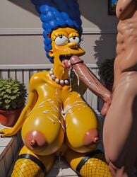 1boy 1girls abs ai_generated big_breasts blowjob blue_hair boob_window breasts cleavage cum cum_on_breasts cumshot large_breasts long_hair loraart marge_simpson the_simpsons thighs