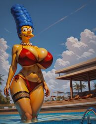 1girls ai_generated big_breasts blue_hair boob_window breasts cleavage high_heels large_breasts long_hair looking_at_viewer loraart marge_simpson nipple_bulge solo the_simpsons thighs