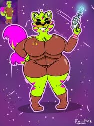 2024 2_tails 4_arms 4_eyes antennae antennae_(anatomy) anthro blush blushing_female breasts cat_ears cat_girl catgirl chubby chubby_female digital_drawing_(artwork) digital_media_(artwork) domestic_cat galaxy green_fur green_pupils hand_on_hip hi_res hips horny horny_female looking_at_viewer pistol purple_fur purple_pupils raylopez simple_coloring smile smiling smiling_at_viewer star thick_thighs two_tone_fur wide_hips