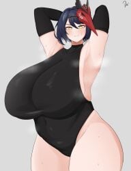 1girls arms_up chubby chubby_female female female_only genshin_impact gigantic_breasts huge_breasts human kujou_sara looking_at_viewer nikasubsia skindentation solo solo_female standing sweat sweaty thick_thighs voluptuous