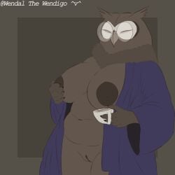 1:1 anthro areola avian bathrobe beak big_breasts bird breasts closed_eyes clothing coffee_cup container cup eyewear female glasses great_horned_owl horned_owl mature_female neck_tuft nipples owl robe slightly_chubby solo true_owl tuft wendalthewendigo