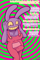 abstract_background absurd_res anthro brainwashing bulge circle_background clothed clothing color colored costume duo english english_text female ftm_transformation furaffinity fursuit genitals glitch_productions hi_res hypnosis identity_death immelmann jax_(tadc) jax_(the_amazing_digital_circus) lagomorph leporid male mammal mind_control overalls penis purple_body rabbit spiral_background springtrapped striped_background text the_amazing_digital_circus yellow_eyes