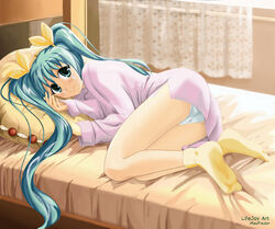 hatsune_miku lifejoyart on_bed panties sleepshirt solo vocaloid white_panties