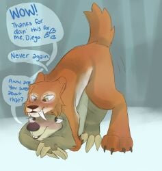 2022 20th_century_fox 20th_century_studios absurd_res anal anal_sex annoyed blue_sky_studios blush claws cold dialogue diego_(ice_age) digital_drawing_(artwork) digital_media_(artwork) duo english_text fangs feline felis feral feral_on_feral feral_on_top field fur grin growling hi_res ice_age ice_age_(series) male/male male_on_bottom male_penetrated male_penetrating male_penetrating_male mammal nude on_bottom on_top open_mouth orange_body orange_fur outside penetration penile penile_penetration pilosan prehistoric_species saber-toothed_tiger sabertooth_(anatomy) sex shaded sid_(ice_age) simple_background sketch sketchy sloth smile snow speech_bubble spoonfulofsuga tail tan_body tan_fur teeth text xenarthran yellow_eyes