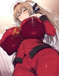 1girls ai_generated amagi_brilliant_park big_breasts blush breasts brown_eyes deepjungle female female_focus huge_breasts lactation lactation_through_clothes large_breasts nai_diffusion nipples nipples_visible_through_clothing ponytail sento_isuzu skirt thick_thighs thighs