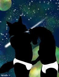 2024 anthro briefs briefs_only briefs_pull canid canine clothed clothing clothing_pull detailed_background duo equid equine finger_in_underwear hi_res male male/male mammal monotone_briefs monotone_clothing monotone_underwear planet silhouette star text tighty_whities topless topless_male underwear underwear_only underwear_peeking underwear_pull white_briefs white_clothing white_text white_underwear wielder13 wielder13_(artist)