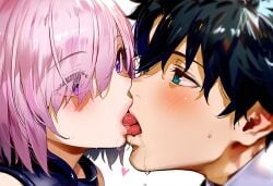1boy ai_generated black_hair blue_eyes fate/grand_order fate_(series) female french_kiss french_kissing fujimaru_ritsuka_(male) hand_on_another's_face heart kissing mash_kyrielight pink_hair purple_eyes short_hair