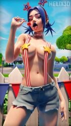 covering_nipples fireworks_team_leader fortnite helix3d long_nails open_mouth partially_clothed straps_across_chest syd_(fortnite) tongue_out topless