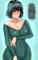 1girls belly big_breasts blue_eyes breasts clothed clothing curvy curvy_female dark_hair dress female female female_focus female_only fubuki_(one-punch_man) green_clothing green_eyes isensio light-skinned_female light_skin looking_at_viewer one-punch_man simple_background text thick_thighs white_skin wide_ass wide_hips wide_thighs