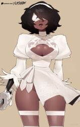 1girls bare_legs bare_thighs big_breasts black_hair boob_window clothed clothing color dark-skinned_female dark_skin female female_focus female_only flytrapxx hi_res large_breasts nier:_automata short_hair solo solo_female sword tagme thick_thighs yorha_2p
