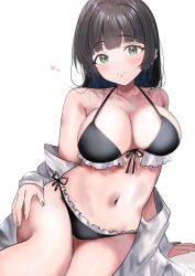 absurdres bikini black_hair blush bocchi_the_rock! breasts cleavage female frilled_bikini frills green_eyes heart highres long_hair looking_at_viewer navel pa-san simple_background smile solo sunya_(honorin-yuunibo) swimsuit white_background