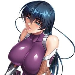bare_shoulders battle_suit blue_hair color eyebrows_visible_through_hair female female_focus female_only fishnet_gloves game_cg gauntlets hair_between_eyes hair_tuft huge_breasts igawa_asagi kagami_hirotaka long_hair looking_at_viewer open_mouth purple_bodysuit shiny_bodysuit sleeveless sleeveless_bodysuit smile smiling smiling_at_viewer taimanin_(series) taimanin_rpgx teal_eyes tight_bodysuit tight_clothing white_background