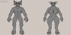 absurd_res big_breasts bovid bovine breasts european_mythology female genitals greek_mythology hi_res hooves horn male mammal minotaur muscular muscular_female muscular_male mythology naughty_ram pussy thick_thighs