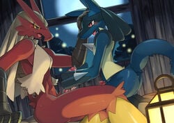 anthro avian bird blaziken blue_fur canine erection fur hair hidoritoyama lucario male mammal nintendo nude open_mouth pawjob penis pokemon pokemon_(species) red_eyes smile video_games yaoi