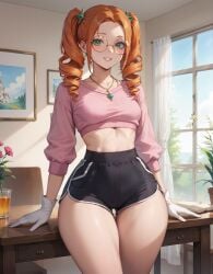 absurd_res absurdres athletic_body athletic_female black_shorts curvy_female curvy_hips dolphin_shorts female freckles_on_face green_eyes high_resolution highres looking_at_viewer necklace orange_hair original original_art original_artwork original_character pale-skinned_female pantyhose pink_sweater round_glasses small_breasts smokeye soft_looking_skin sweater thin_female thin_waist twin_drills twintails white_gloves wide_hips