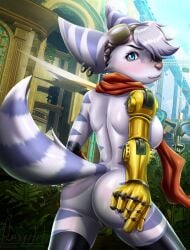 absurd_res anthro blue_eyes blush female foxyart fur hi_res lombax looking_at_viewer looking_back mammal metal_arm nude nude_female ratchet_and_clank rivet_(ratchet_and_clank) scarf solo sony_corporation sony_interactive_entertainment tagme tail