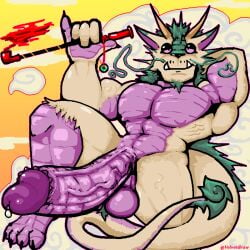 absurd_res anthro aroused big_penis bodily_fluids clothing dragon eastern_dragon erection genital_fluids genitals green_hair hair hi_res male muscular mythological_creature mythological_scalie mythology nipples penis pink_body precum scalie smoking solo thick_thighs thong underwear velvetdraw