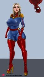 1girl1boy 1girls big_ass big_breasts big_penis big_tits bleached blonde_hair bodysuit captain_marvel female iron_doomer marvel marvel_comics peter_parker romantic romantic_ambiance skintight skintight_bodysuit skintight_clothing spider-man_(series) spiderman thick_ass thick_thighs