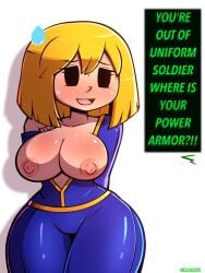 1girl areolae artist_request blushing dialogue embarrassed english_text fallout female female_only fully_clothed puffy_nipples sweat tagme text tits tits_out vault_girl