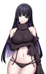 :o arm_under_breasts black_hair black_panties black_sleeves black_sweater blunt_bangs bocchi_the_rock! breasts colored_inner_hair commentary cowboy_shot crop_top cropped_sweater detached_sleeves double-parted_bangs female grey_eyes highres kushinaka large_breasts long_hair looking_at_viewer meme_attire midriff mouth_piercing multicolored_hair navel open_mouth pa-san panties purple_hair ribbed_sweater simple_background sleeveless sleeveless_sweater sleeves_past_fingers sleeves_past_wrists solo stomach sweater thighs turtleneck turtleneck_sweater underwear virgin_destroyer_sweater white_background