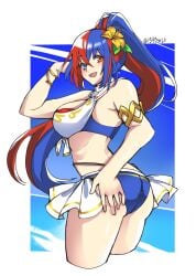 1340smile 1girls absurdres alear_(female)_(fire_emblem) alear_(female)_(seaside_dragon)_(fire_emblem) alear_(fire_emblem) alternate_costume alternate_hairstyle ass bare_thighs big_ass bikini blue_bikini blue_eyes blue_hair blue_swimsuit breasts cropped_legs crossed_bangs female female_only fire_emblem fire_emblem_engage fire_emblem_heroes heterochromia highres large_breasts long_hair looking_at_viewer multicolored_clothes multicolored_hair nintendo official_alternate_costume official_alternate_hairstyle ponytail red_bikini red_eyes red_hair red_swimsuit solo split-color_hair swimsuit thighs two-tone_hair very_long_hair white_bikini white_swimsuit