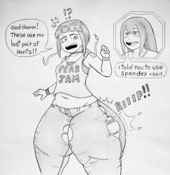 ass_expansion big_ass big_butt black_and_white boku_no_hero_academia bottom_heavy drawing fat_ass kyoka_jiro my_hero_academia pear_shaped ronic_lagann small_breasts text_bubble thick_thighs tsuyu_asui wardrobe_malfunction wide_hips