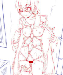 bondage breasts censored coat embarrassed female glasses gloves looking_to_the_side mitsuki_(toriaezu) navel nipples outdoors rope scarf semi-rimless_glasses short_hair sketch solo sweat vibrator