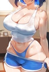 ai_generated blue_hair cleavage creamy_ai curvy dolphin_shorts head_out_of_frame highleg_panties hololive hololive_english large_breasts ouro_kronii short_hair shorts_pull tank_top thick_thighs virtual_youtuber wide_hips