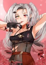 arm_behind_head arms_up belly_button breasts clothed fishnet_clothing flowers gloves grey_hair heterochromia liliana_vampaia midriff myholotv necklace red_eyes ripped_clothing skirt tongue tongue_out twin_drills virtual_youtuber yellow_eyes zerosketchbook