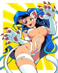 1girls 2024 blue_hair blush breasts capcom cat_ears cat_tail catgirl darkstalkers fangs felicia felicia_(darkstalkers) female female_only green_eyes hi_res long_hair looking_away open_mouth pawpads paws qewie sharp_fingernails slit_pupils smiling solo tail