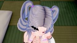 arm_sleeves blowjob cum_on_face grey_hair hand_on_penis heterochromia koikatsu liliana_vampaia myholotv pillow pink_bra pink_hairband red_eyes sucking_penis twin_drills virtual_youtuber yellow_eyes